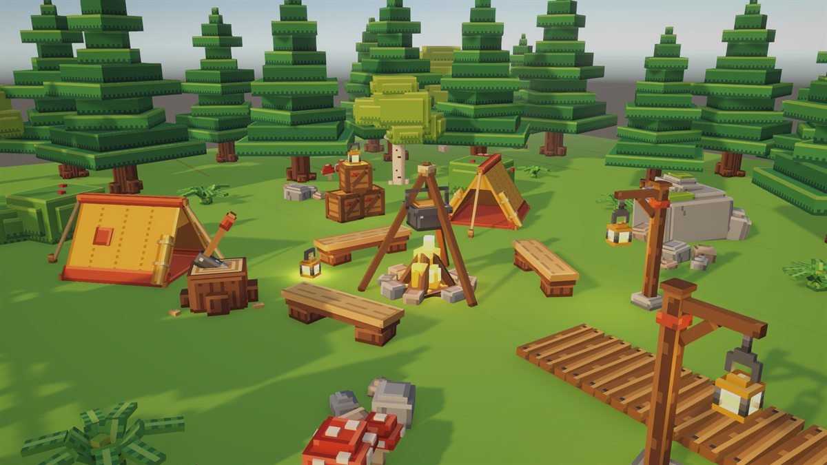 A cozy forest campsite built from Emberpine Camp: pine and birch trees, two tents, a campfire with a cooking tripod, log benches, lanterns and a plank path.