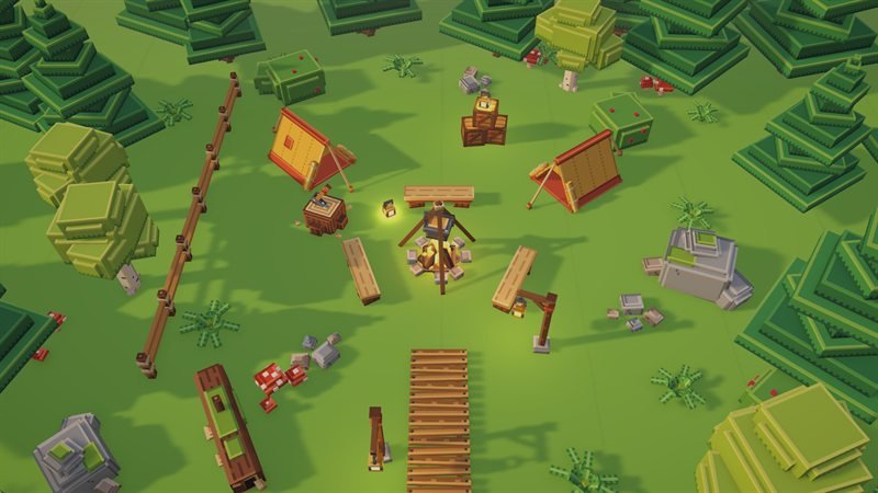 Top-down view of the Emberpine Camp demo scene.