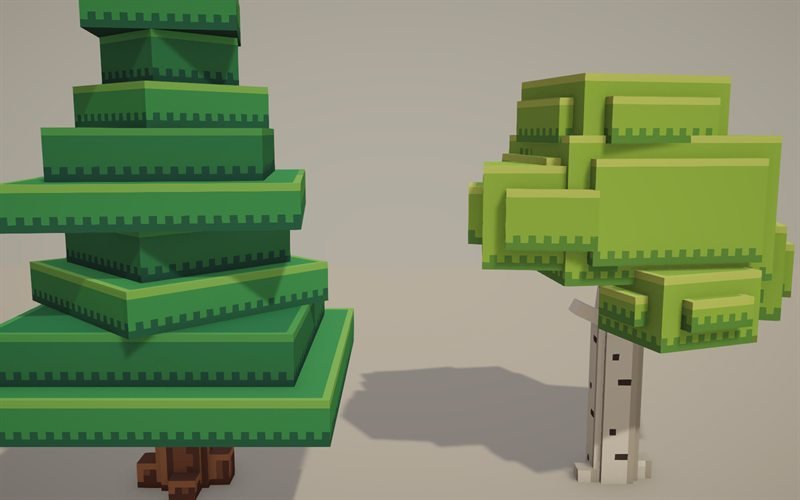 Classic pine and birch: crisp layered foliage with clean bands.
